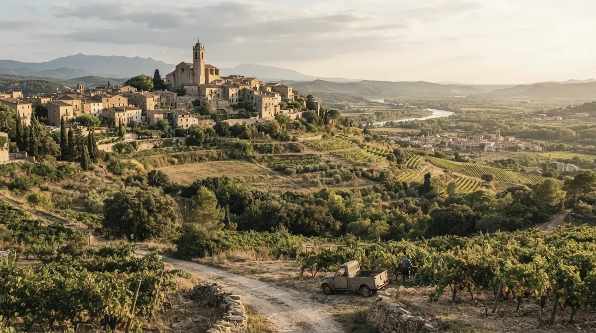 A hilltop village with a church above a valley of vineyards and fields