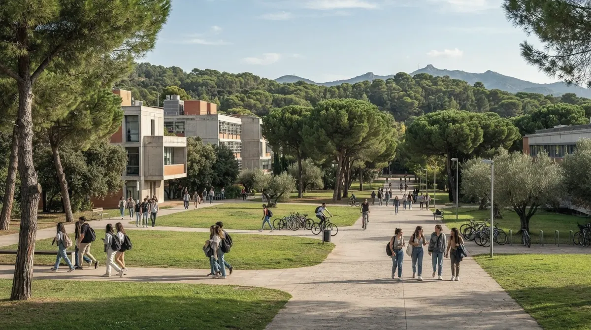 Modern university buildings among pine trees and lawns with students walking