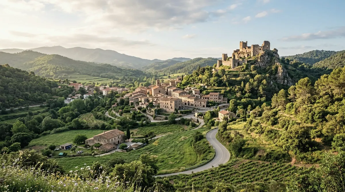 A town in a green valley with castle ruins on a hill above