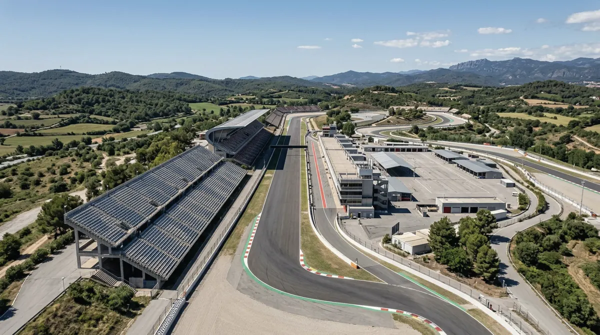 A motor racing circuit with its main straight, grandstand and pit buildings among green hills