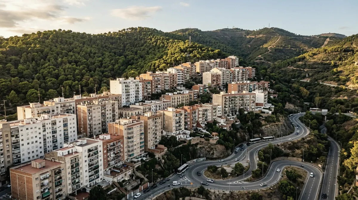 Apartment blocks on a steep hillside with woods above and a winding road below