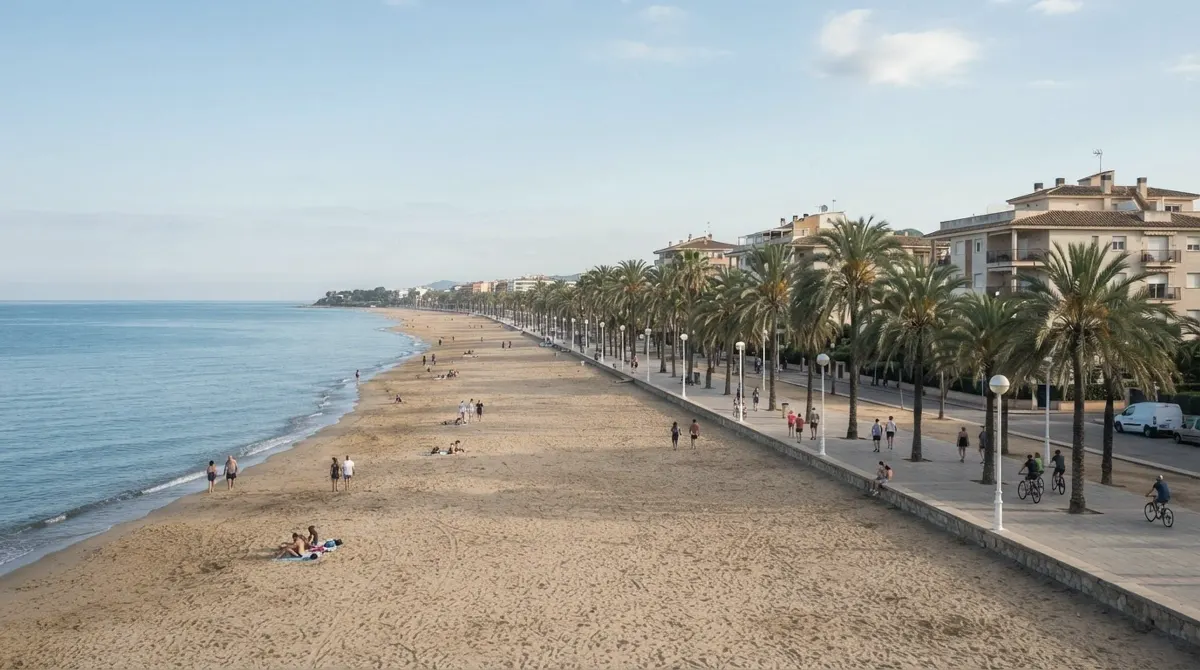 A long sandy beach with a palm-lined promenade and low buildings