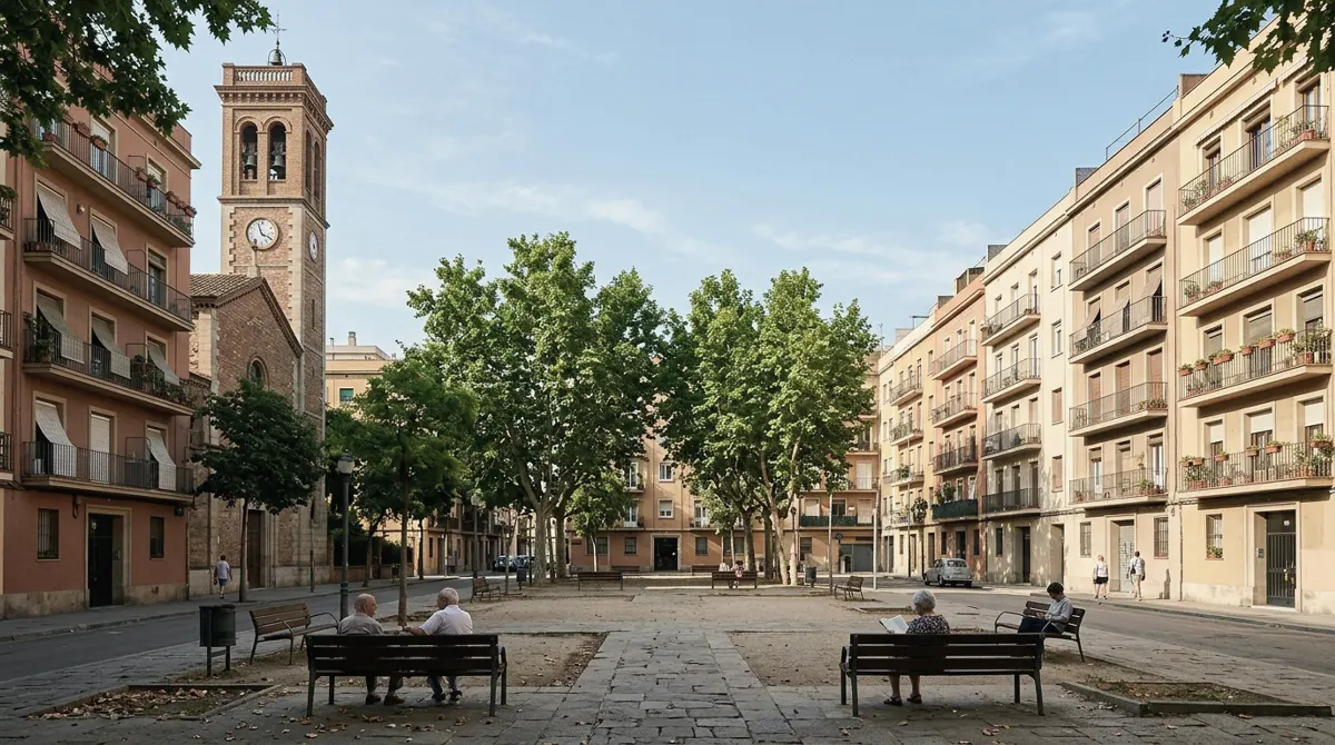 A tree-shaded square surrounded by uniform apartment blocks and a church bell tower