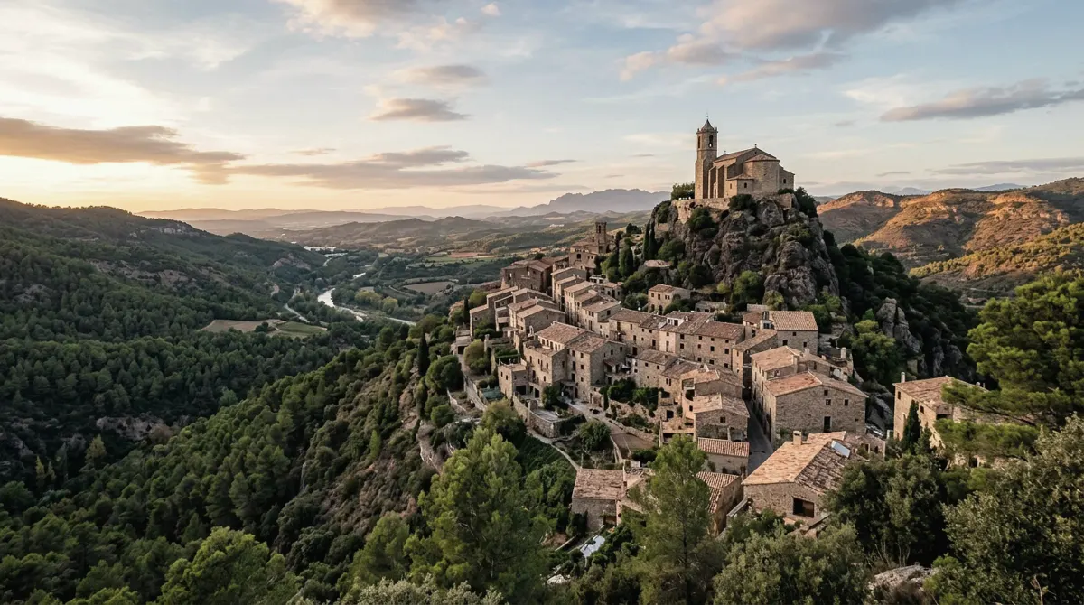 A hillside village with a church on a rocky crag above pine forests