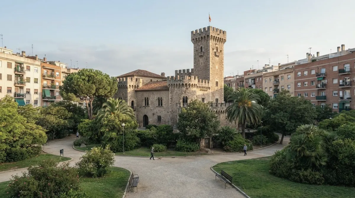 A restored medieval manor with a square tower in a small park among apartment buildings