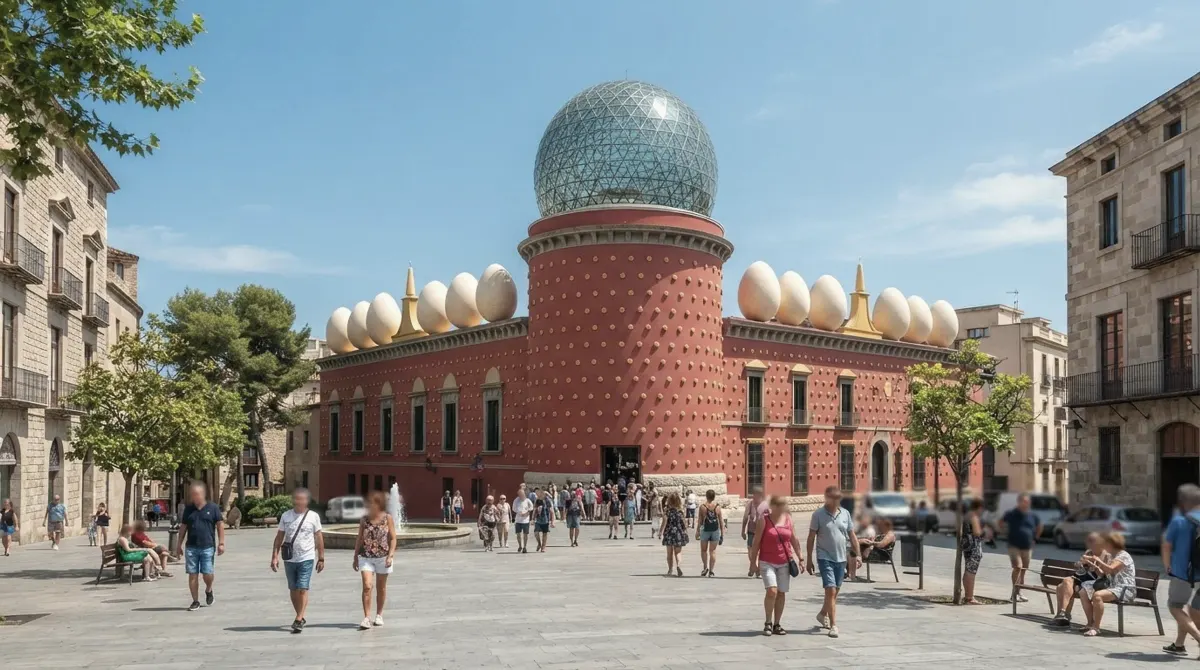 A red museum building crowned with giant white eggs and a glass dome
