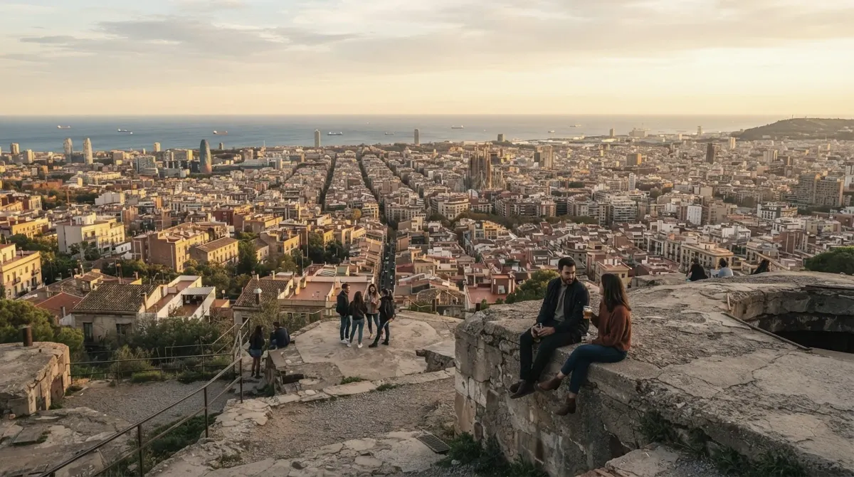 Dense rooftops of a hillside neighbourhood with the city and the sea beyond at golden hour