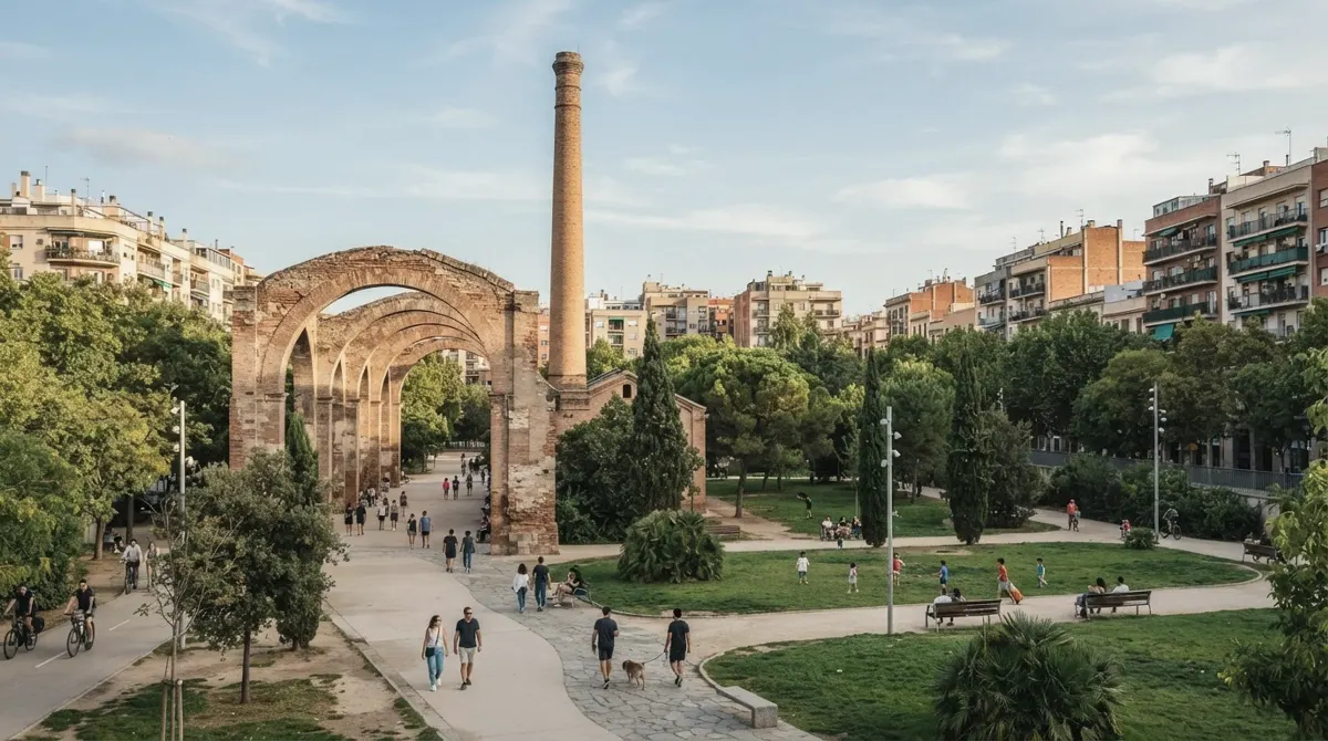 Brick arches and a tall old chimney in a park with lawns and trees