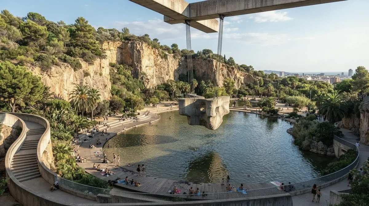 A park in a former quarry with sheer rock walls around a large pond