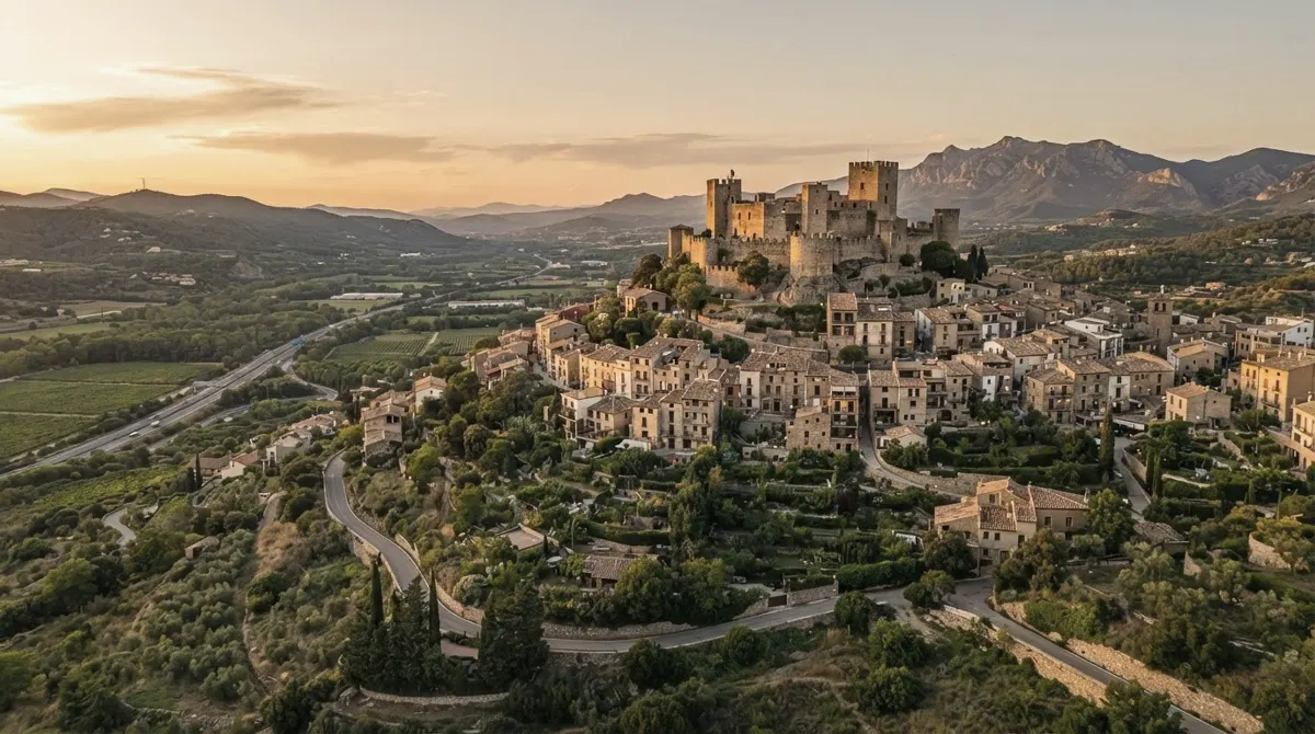 A small village with a castle on a hill above a valley