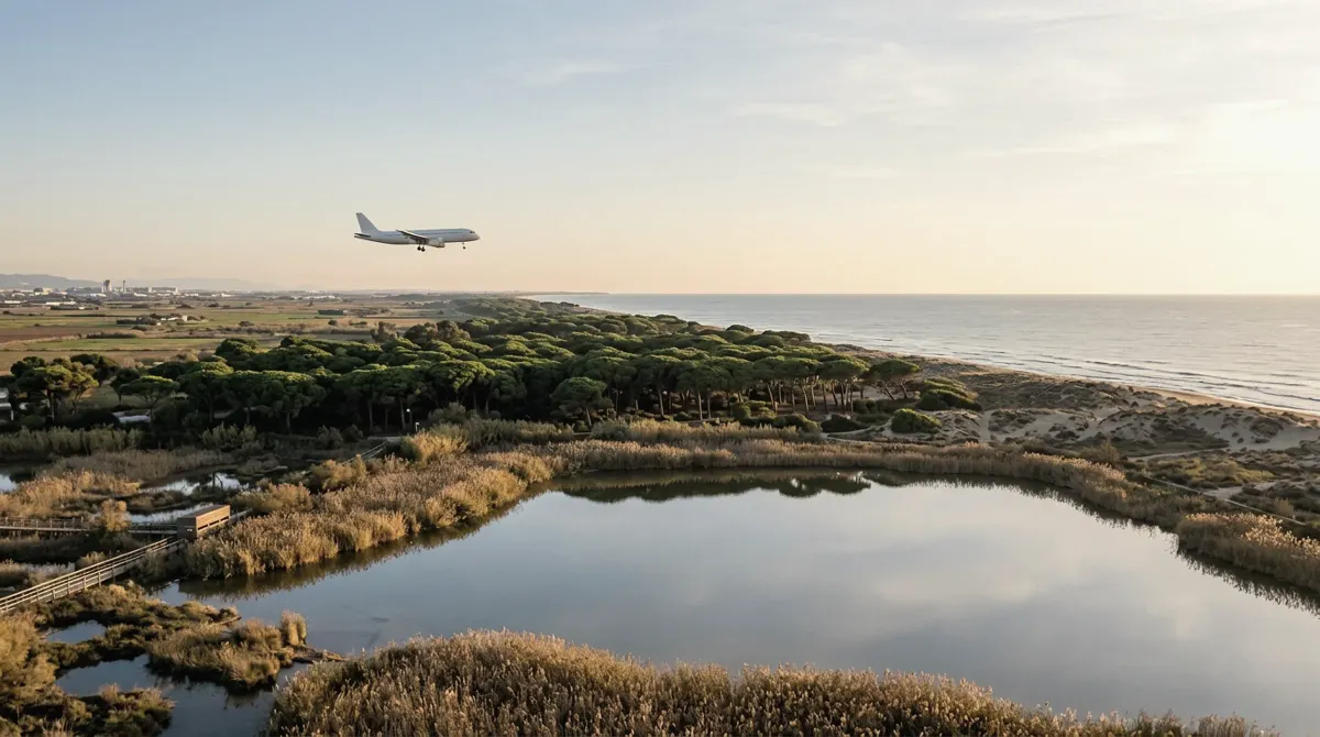 Coastal lagoon with reeds and pines in the Llobregat delta at El Prat de Llobregat, with a plane descending