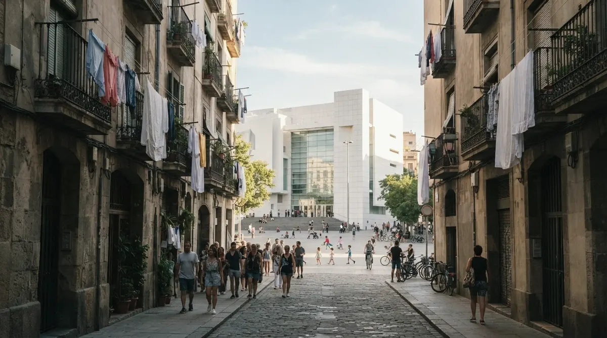 A narrow old street with laundry on the balconies opening onto a square with a white modern building