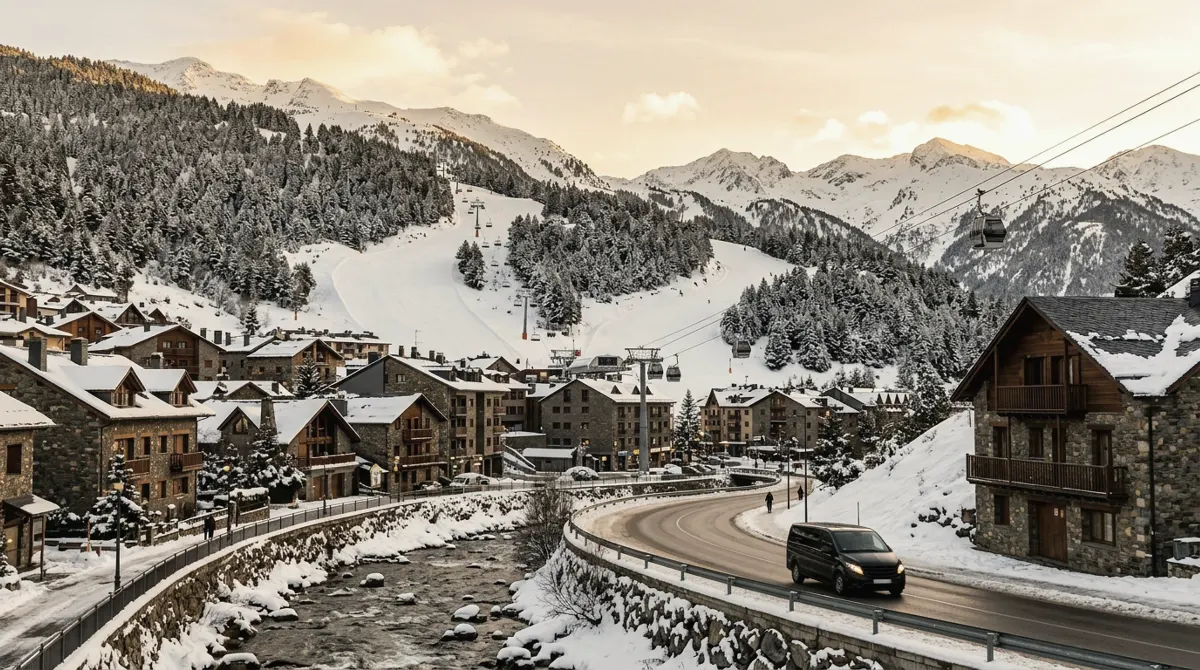 Chalets of El Tarter beside the valley road at golden hour, with lifts climbing the snowy forested slope behind