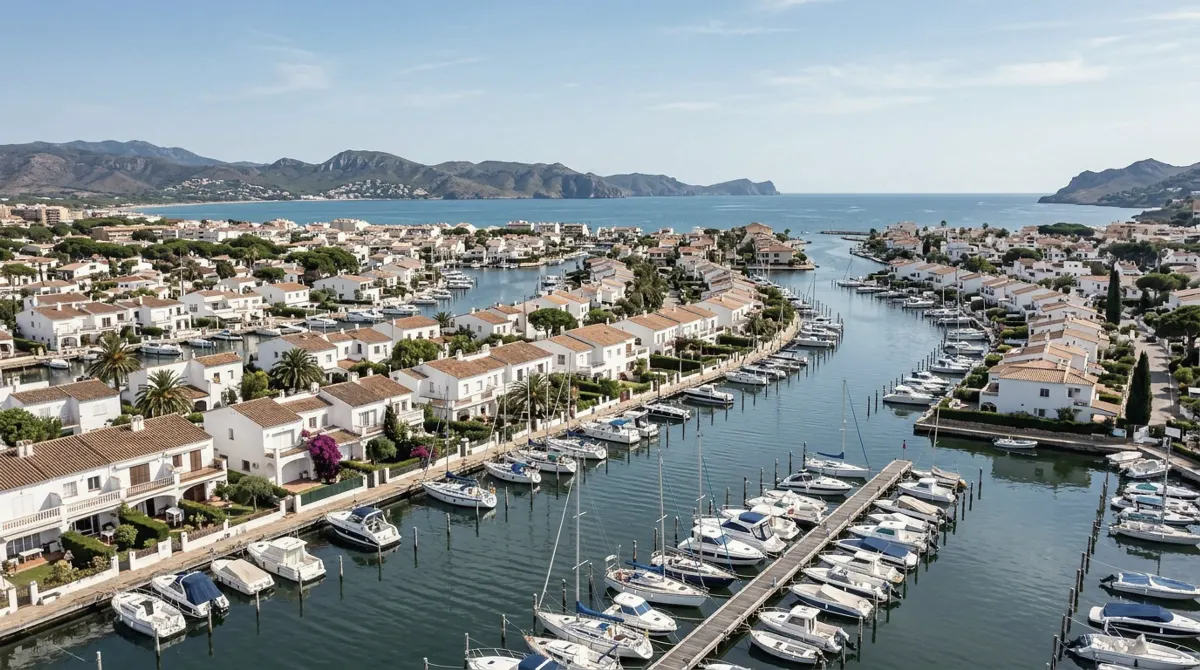 Residential canals lined with white houses and moored boats