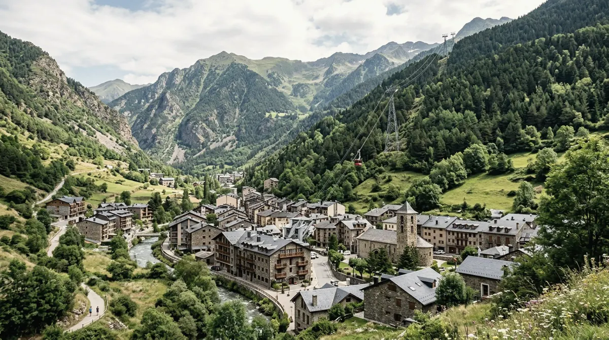 A valley town with a cable car rising towards the mountains