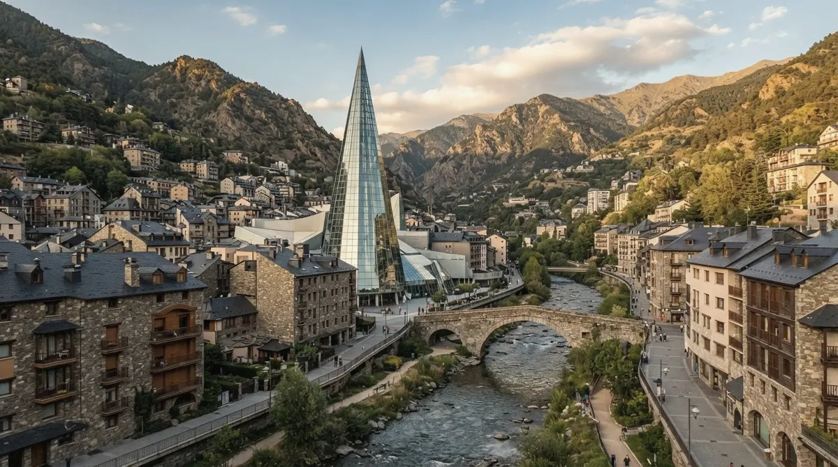 A tall glass spire among town buildings by a river with mountains around