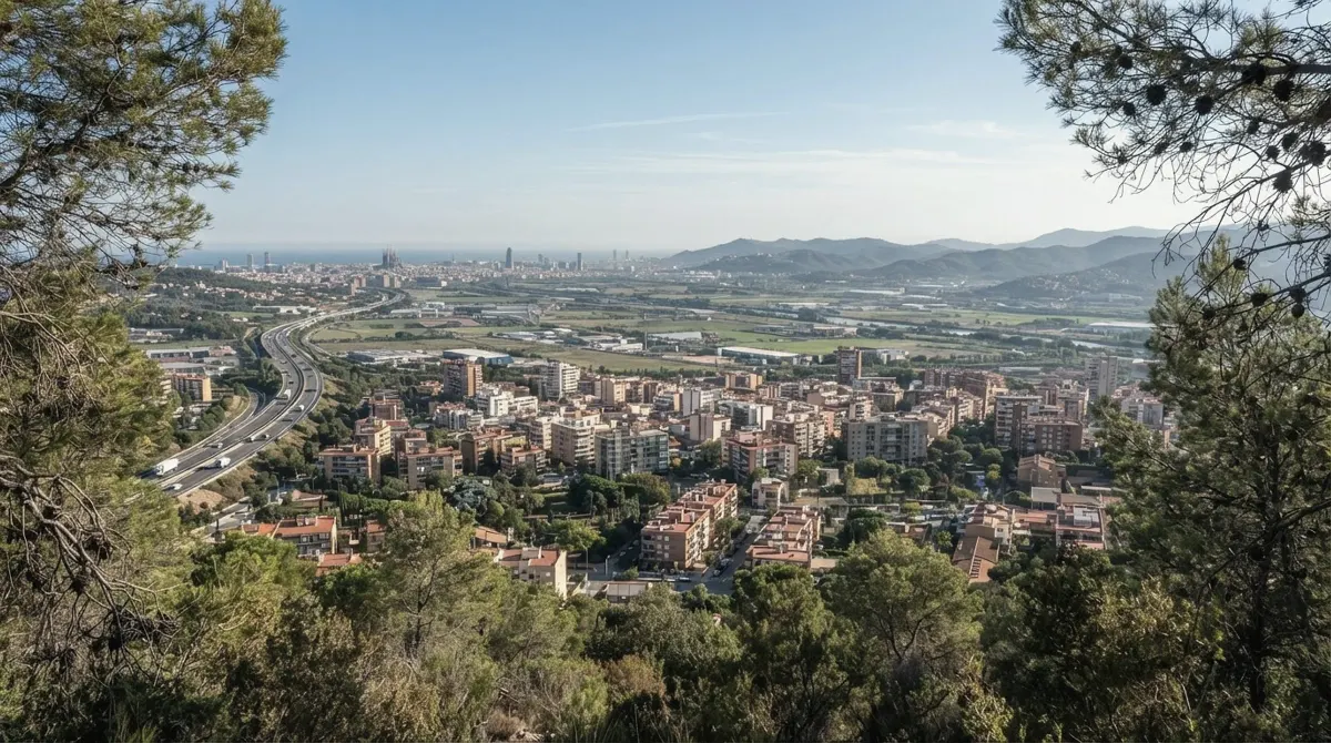 Apartment blocks of Esplugues de Llobregat on a hillside, seen from pine-covered slopes, with the Llobregat plain beyond