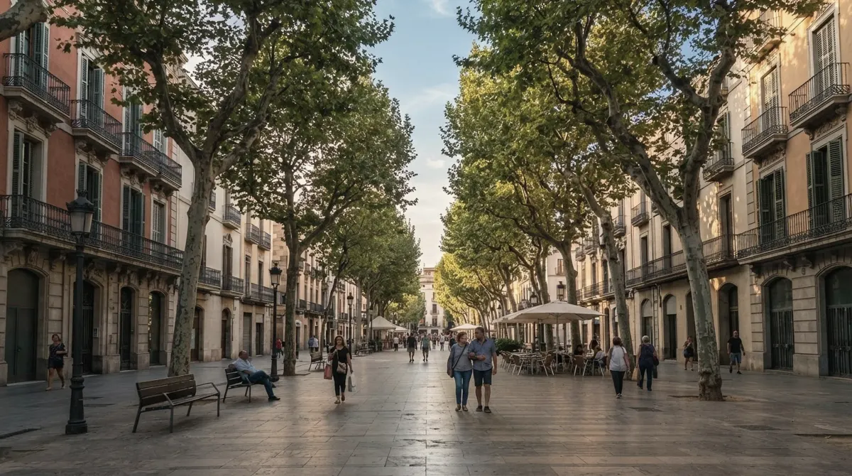 A wide promenade under plane trees, lined with old facades with balconies