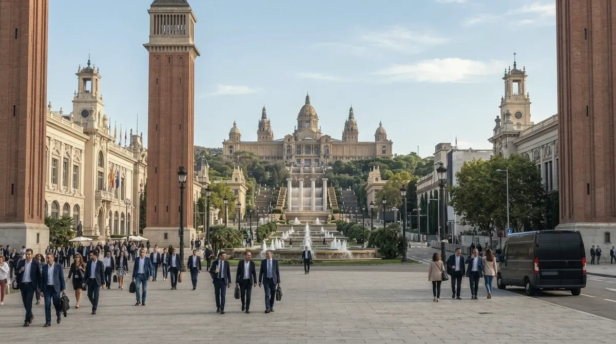 The avenue of the Fira de Barcelona Montjuïc grounds, lined with exhibition palaces, rising toward the Palau Nacional