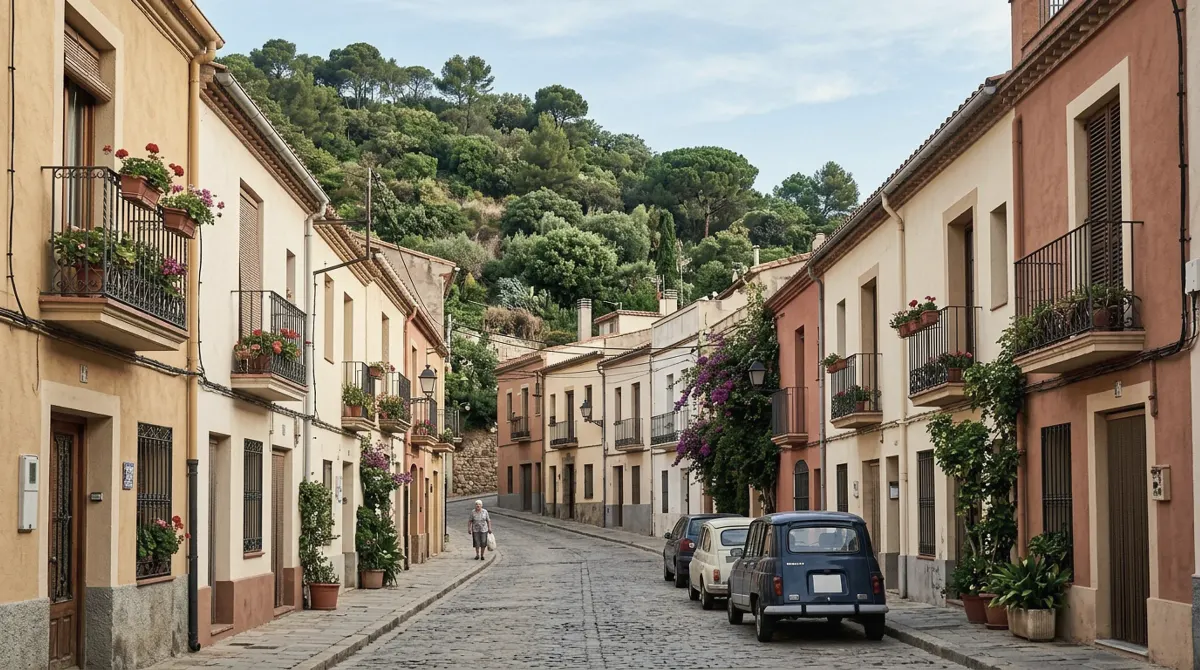Quiet streets of low houses at the foot of a green hill