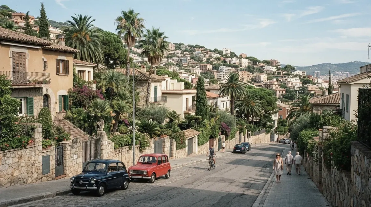 Early 20th century villas with gardens and palm trees on a hillside street