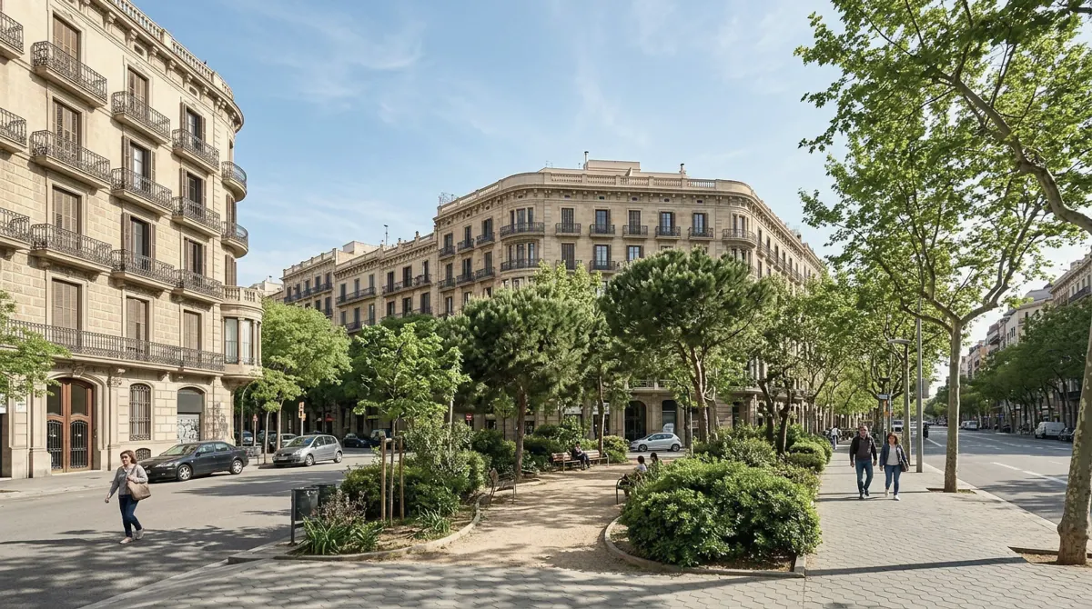 Eixample blocks with chamfered corners and balconies beside a small park