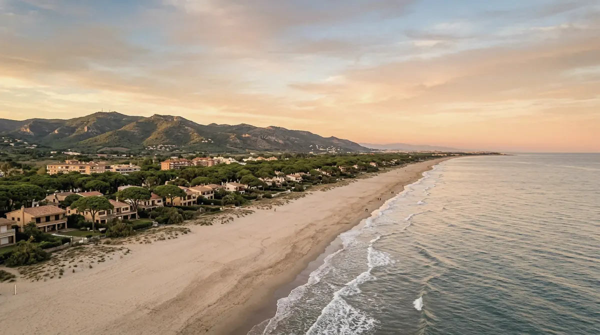 Long sandy beach at Gavà Mar with pine trees and low buildings behind and the Garraf hills in the distance
