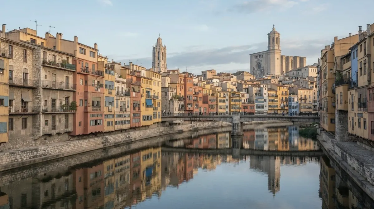 Colourful old houses along a river reflected in the water, with a cathedral bell tower behind