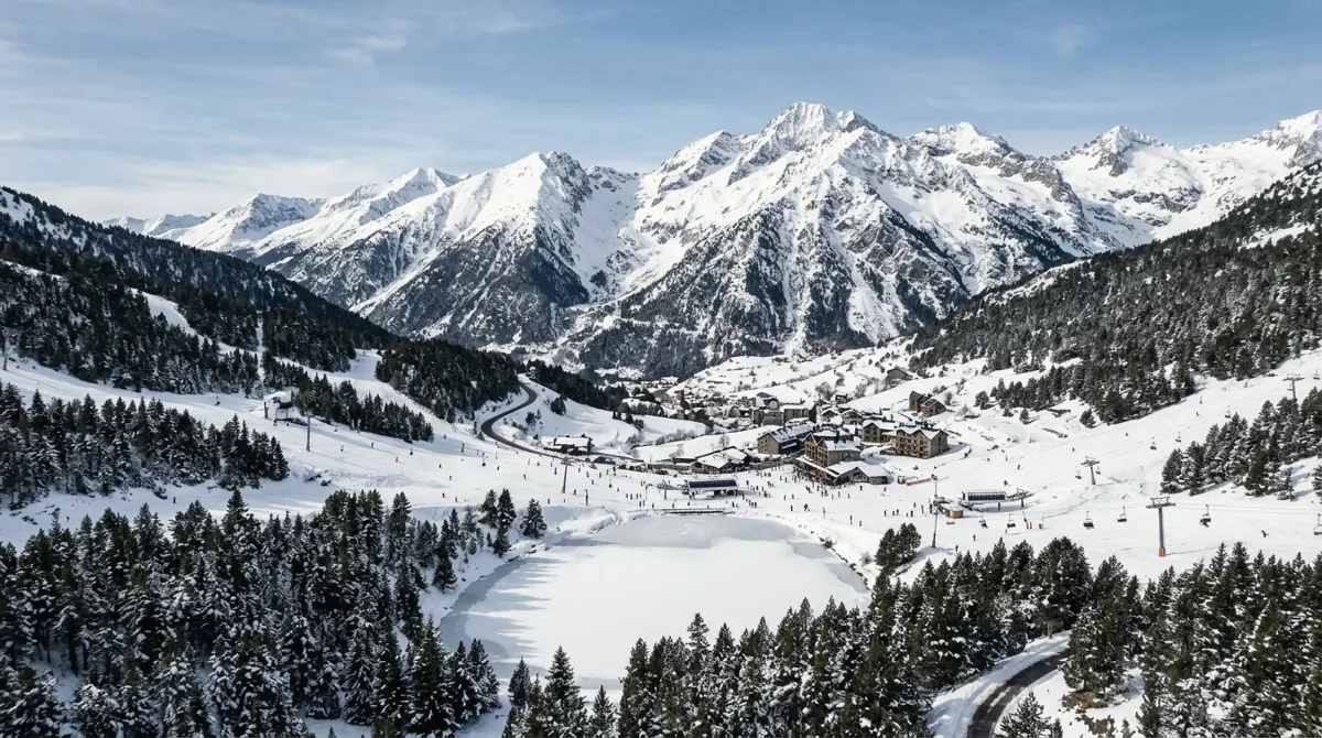 A high mountain valley with ski slopes, pine forest and a frozen lake below snowy peaks