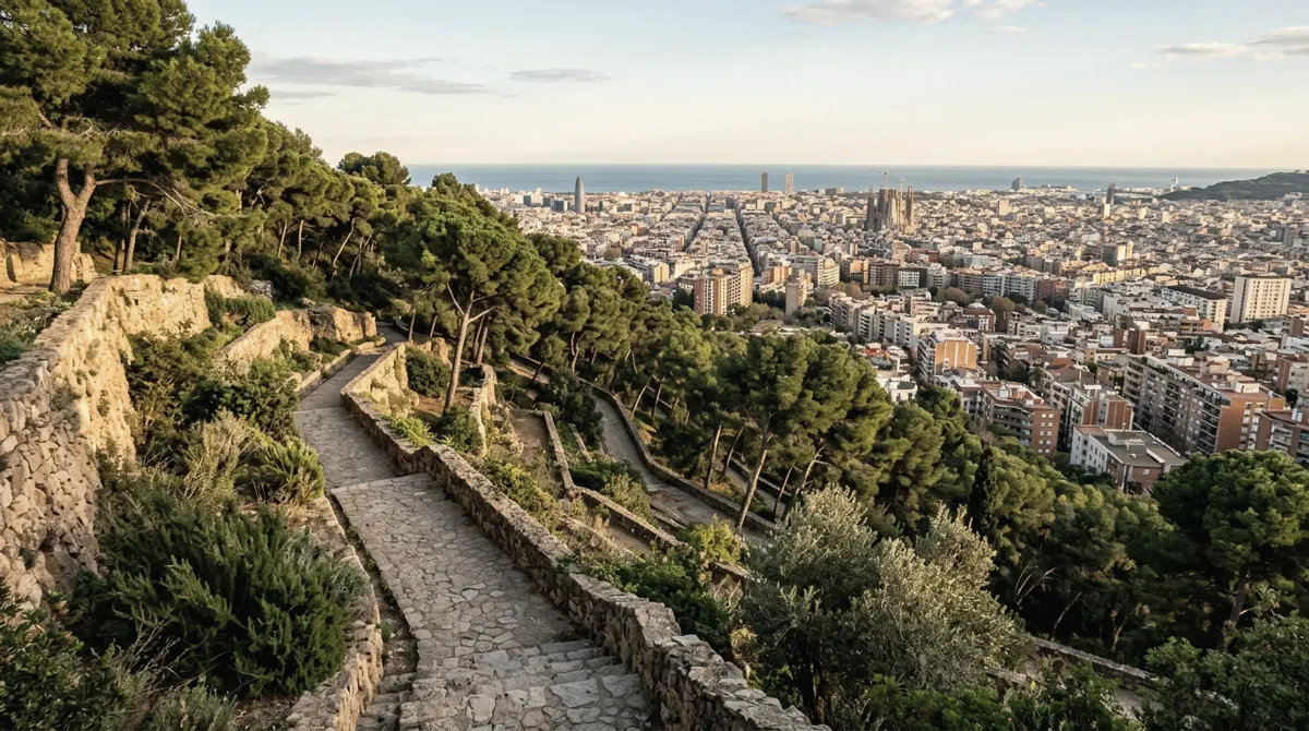 Terraced gardens with pine trees and stone paths on a hillside above the city