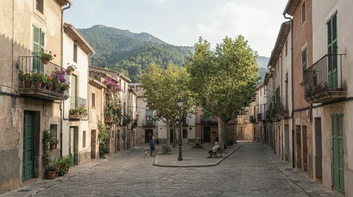 A narrow street of two-storey village houses with green shutters below wooded hills