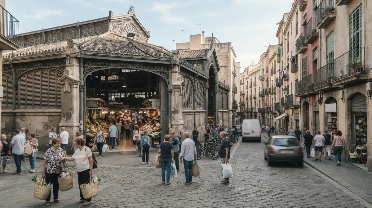 A traditional covered market hall with shoppers in the street outside