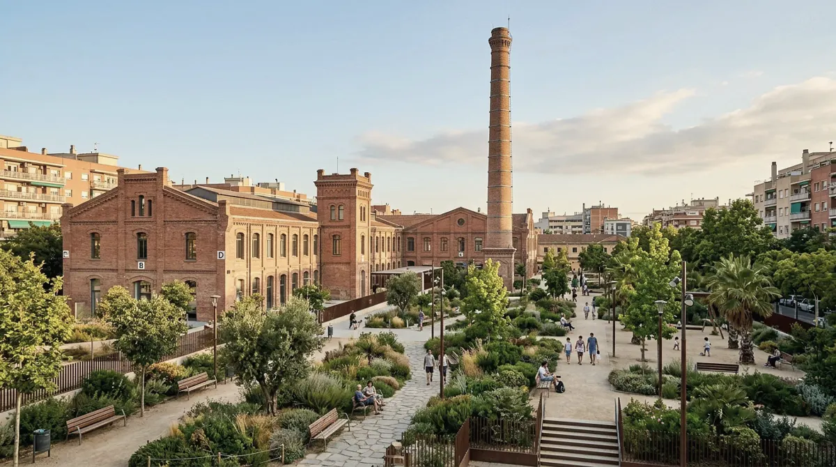 Restored brick factory buildings and a tall chimney beside a new public garden