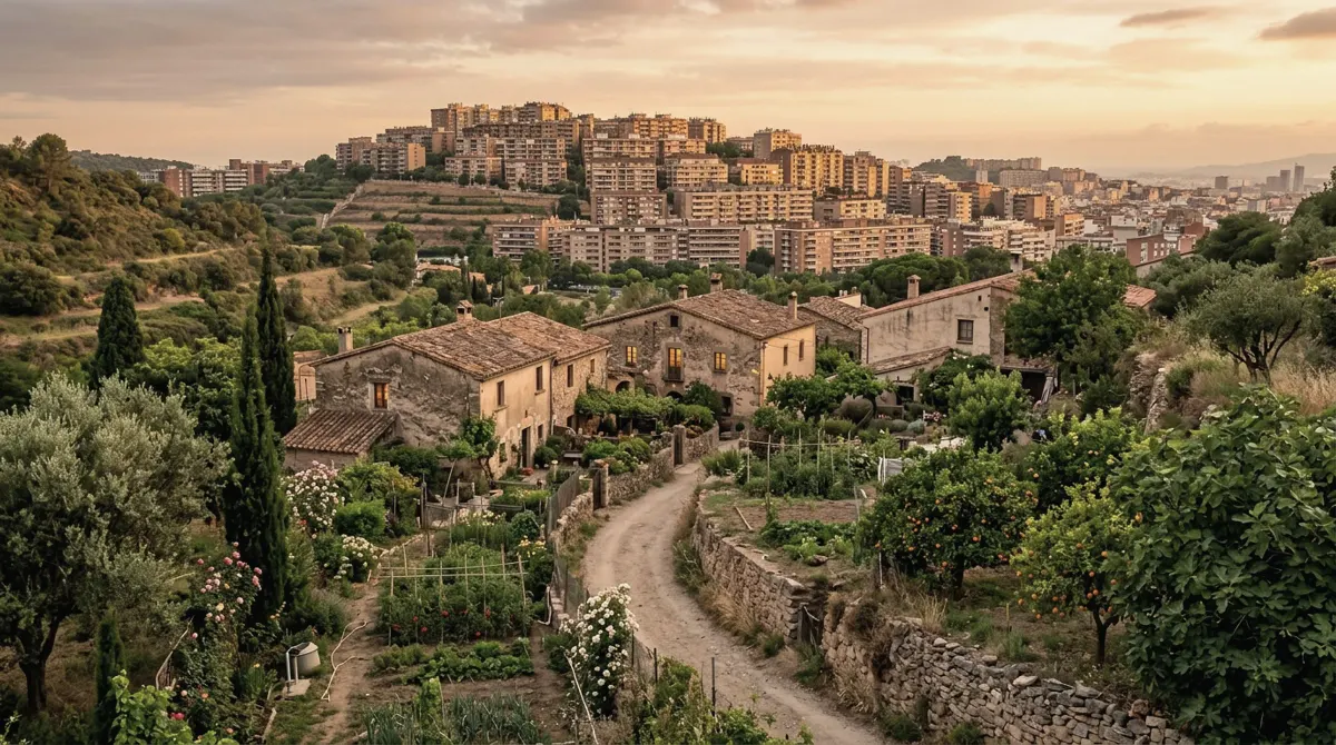 Small old houses and garden plots in a quiet hollow below apartment buildings