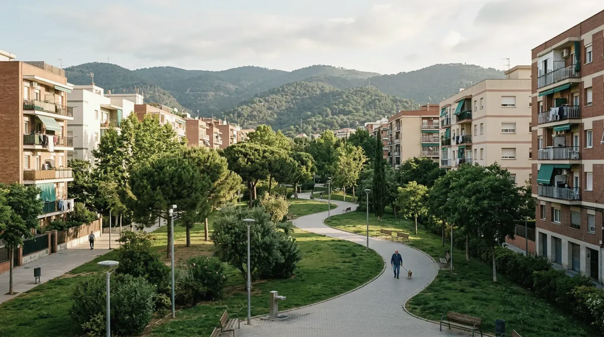A long green park with paths between apartment blocks below wooded hills