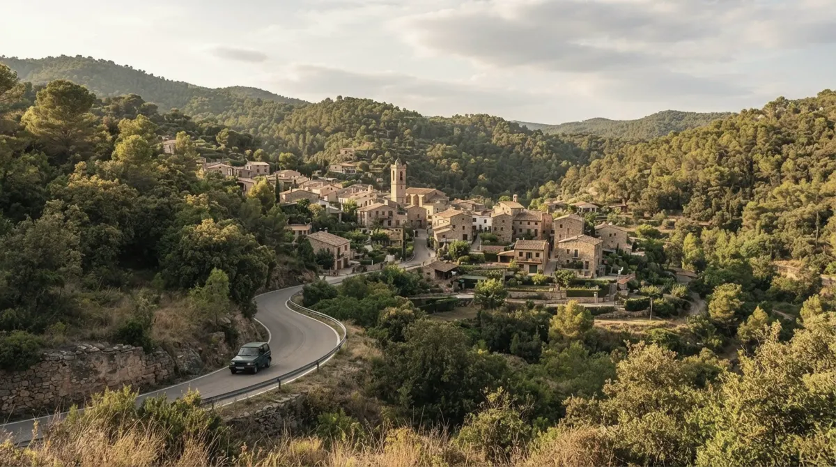 A small village among green wooded hills with a winding road leading in