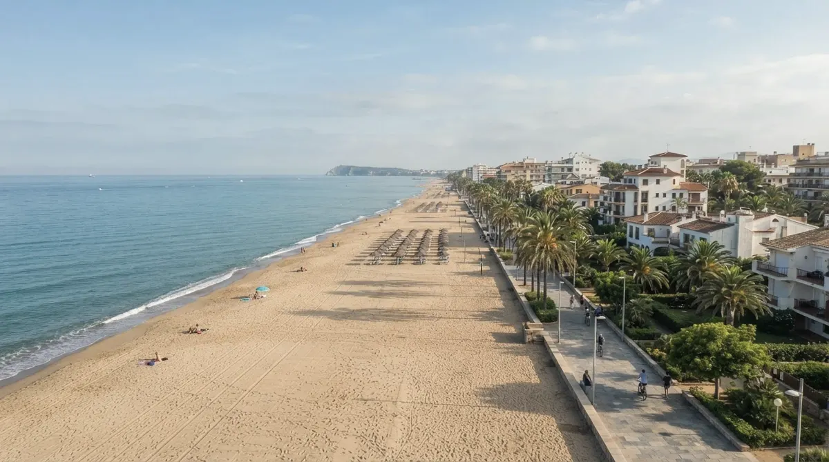 A wide beach with palm trees along a promenade and low buildings