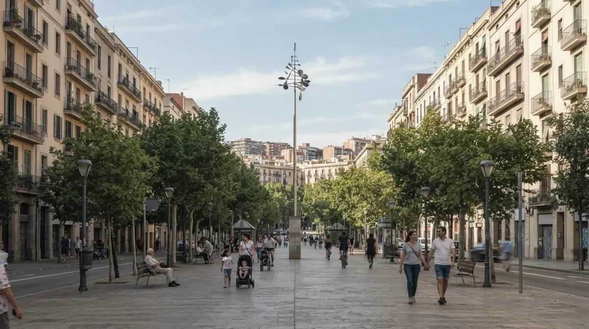 A broad pedestrian boulevard with trees, benches and a tall slender sculpture