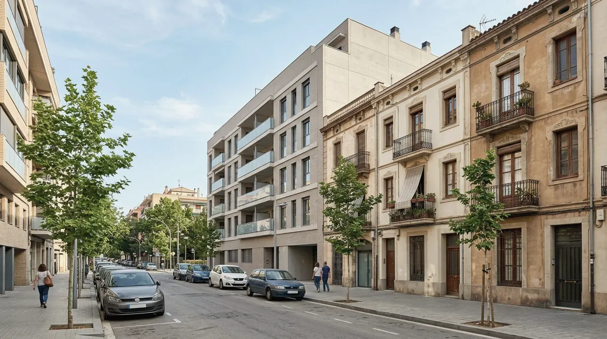 Older three-storey houses next to new apartment buildings on a wide street