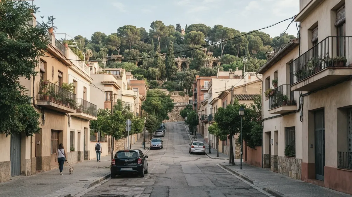Quiet uphill streets of small villas below a pine-covered hill