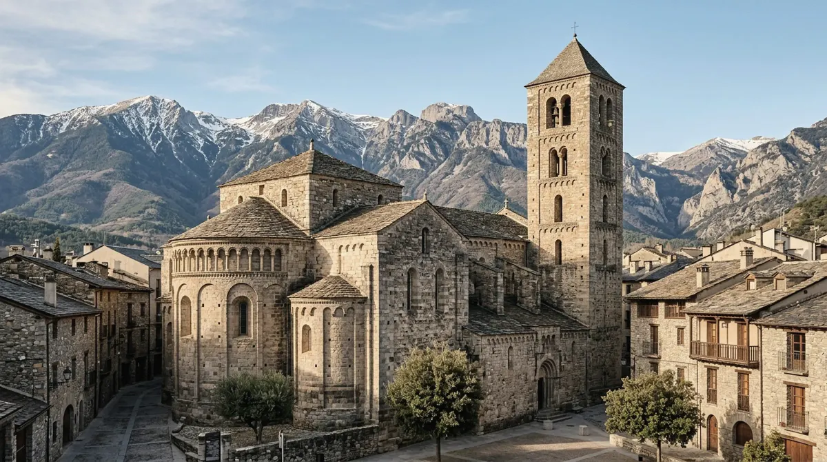 A Romanesque stone cathedral in an old town with mountains behind