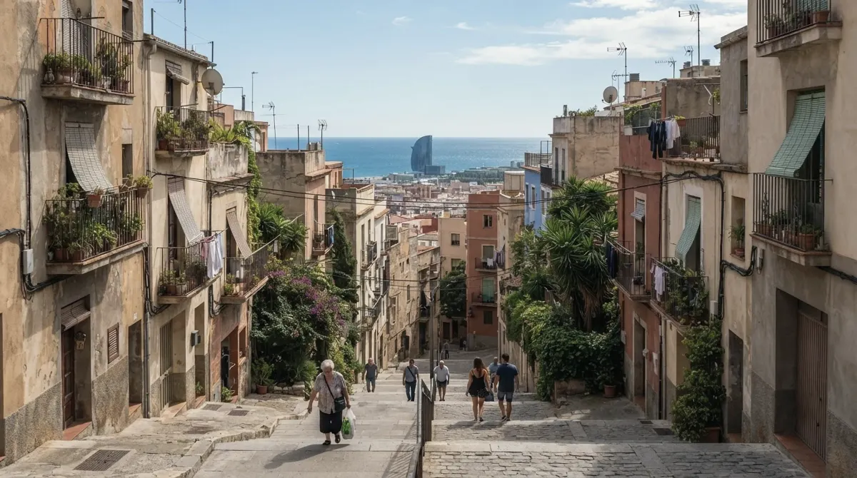 Steep streets with staircases between small apartment buildings on a hillside