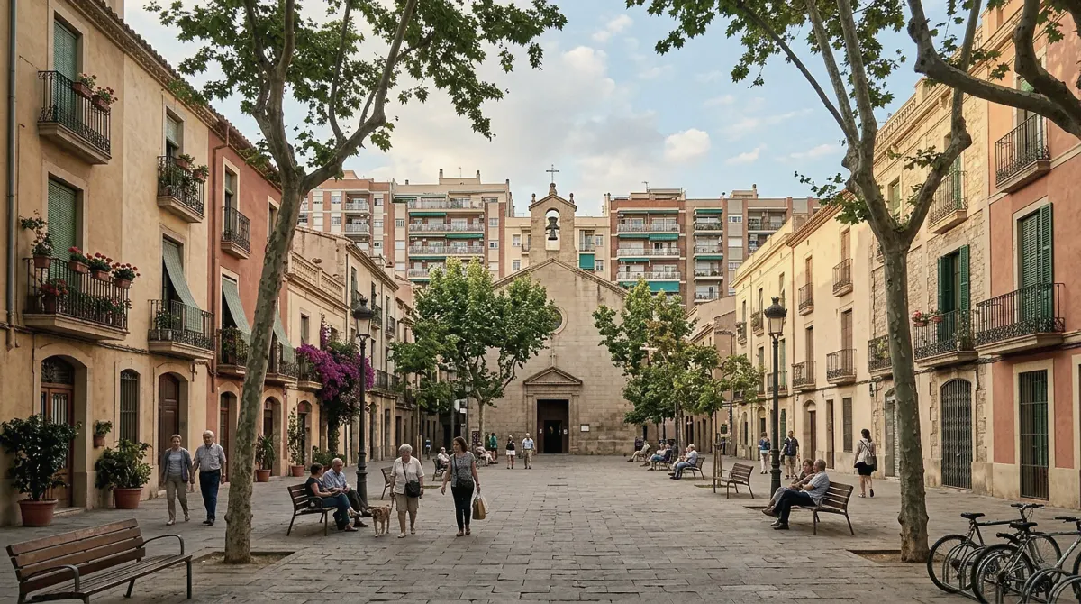 A small tree-shaded village square in Les Corts with low houses, iron balconies and a parish church facade