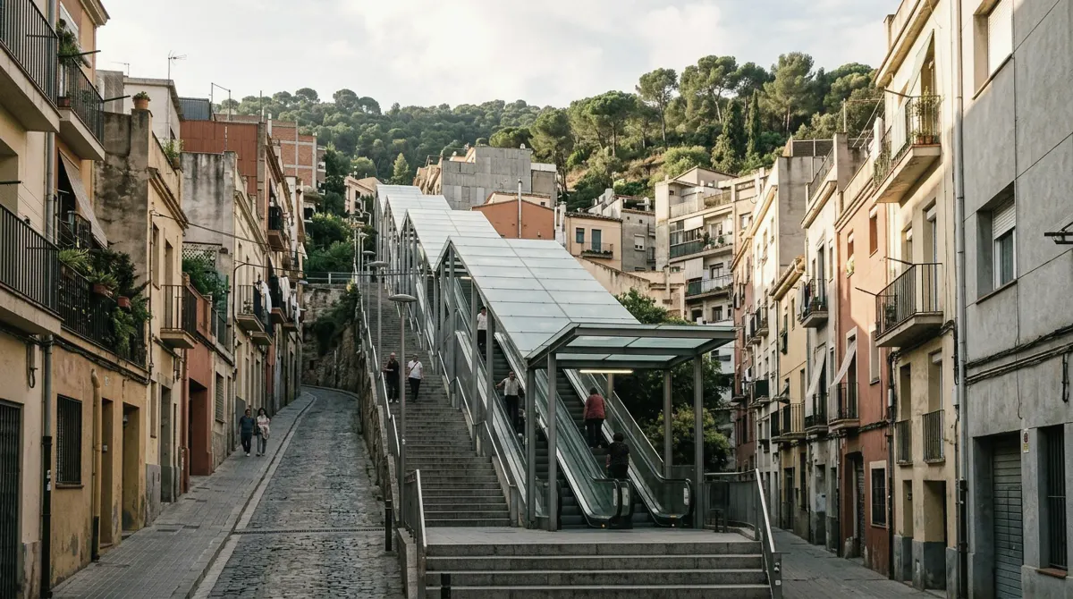 Outdoor escalators climbing a steep street between apartment blocks on a hillside