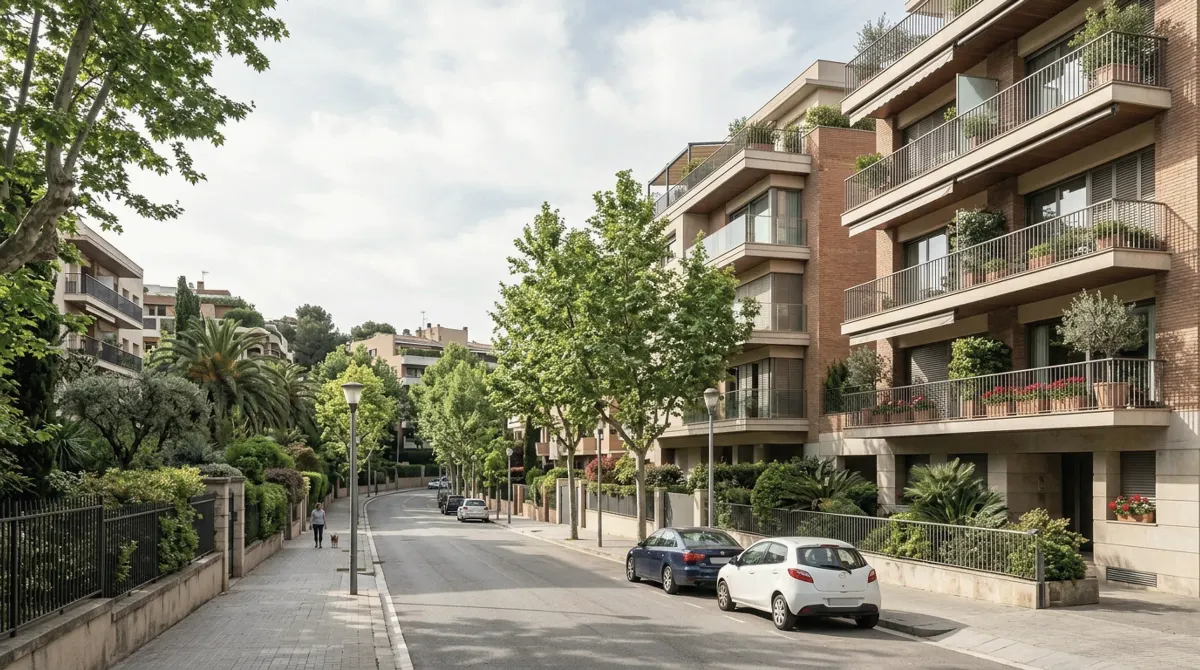 A quiet avenue of modern apartment buildings with terraces, mature trees and gardens