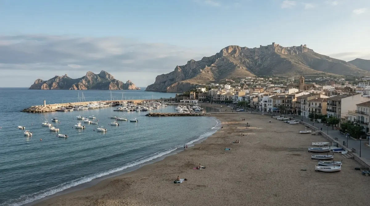 A beach and harbour facing rocky islands offshore with a massif behind