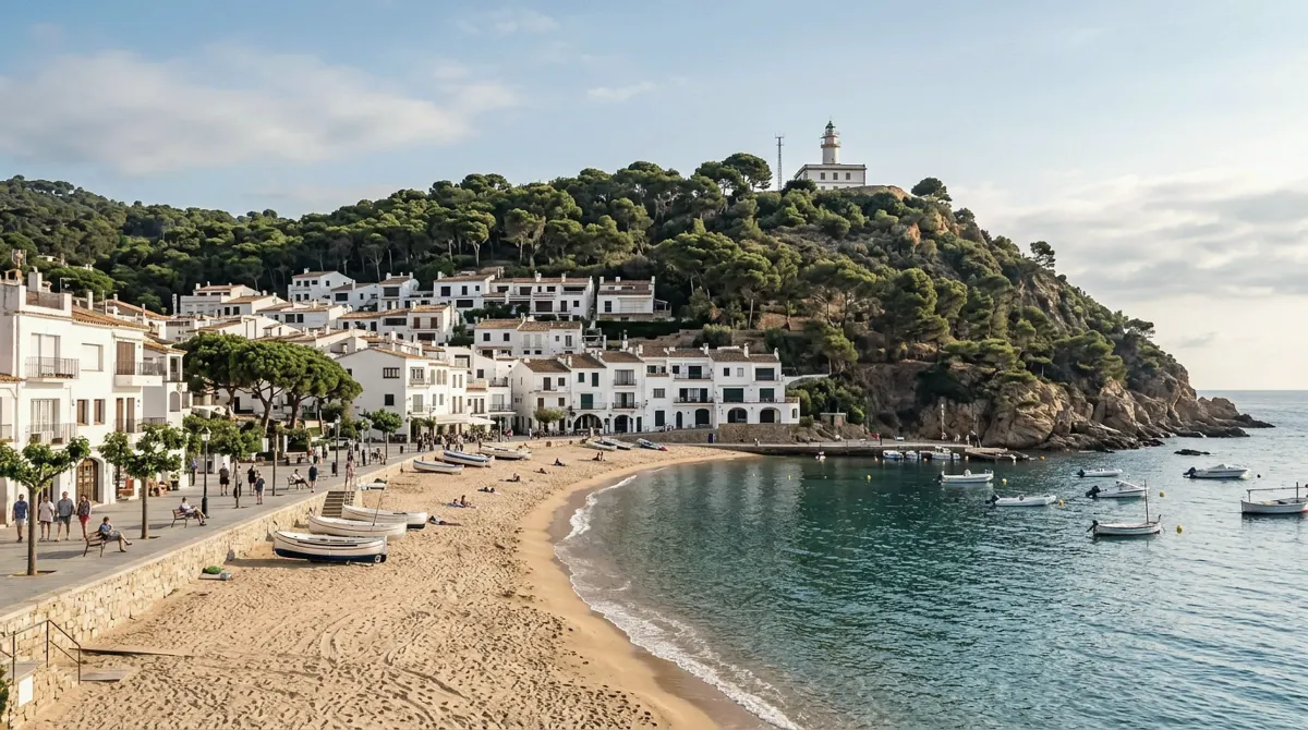 A small sandy bay with white houses and a lighthouse on a pine-covered headland