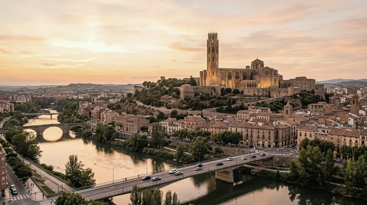 An old cathedral with a tall bell tower on a hill above a city and river