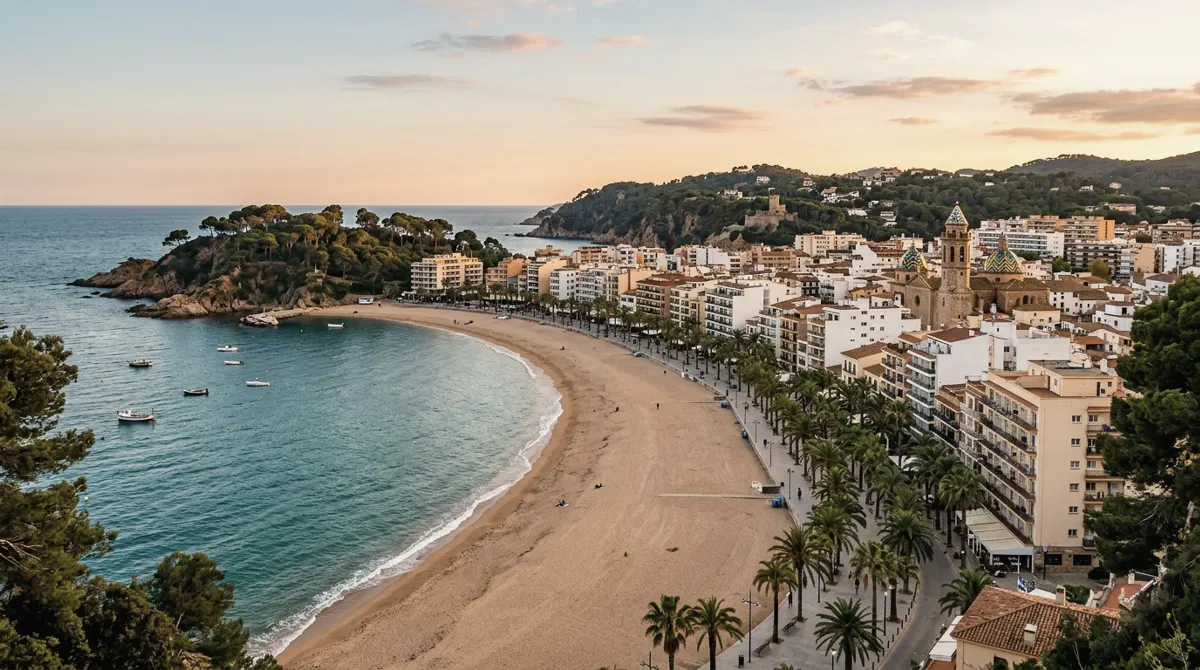 The long main beach of Lloret de Mar curving along its bay, with the seafront promenade and hotels behind it