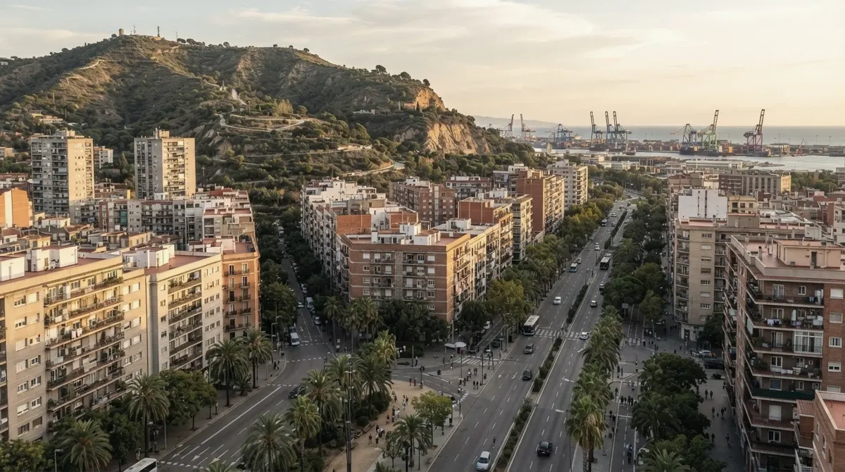 Wide avenues and apartment blocks below a green hill with port cranes on the horizon